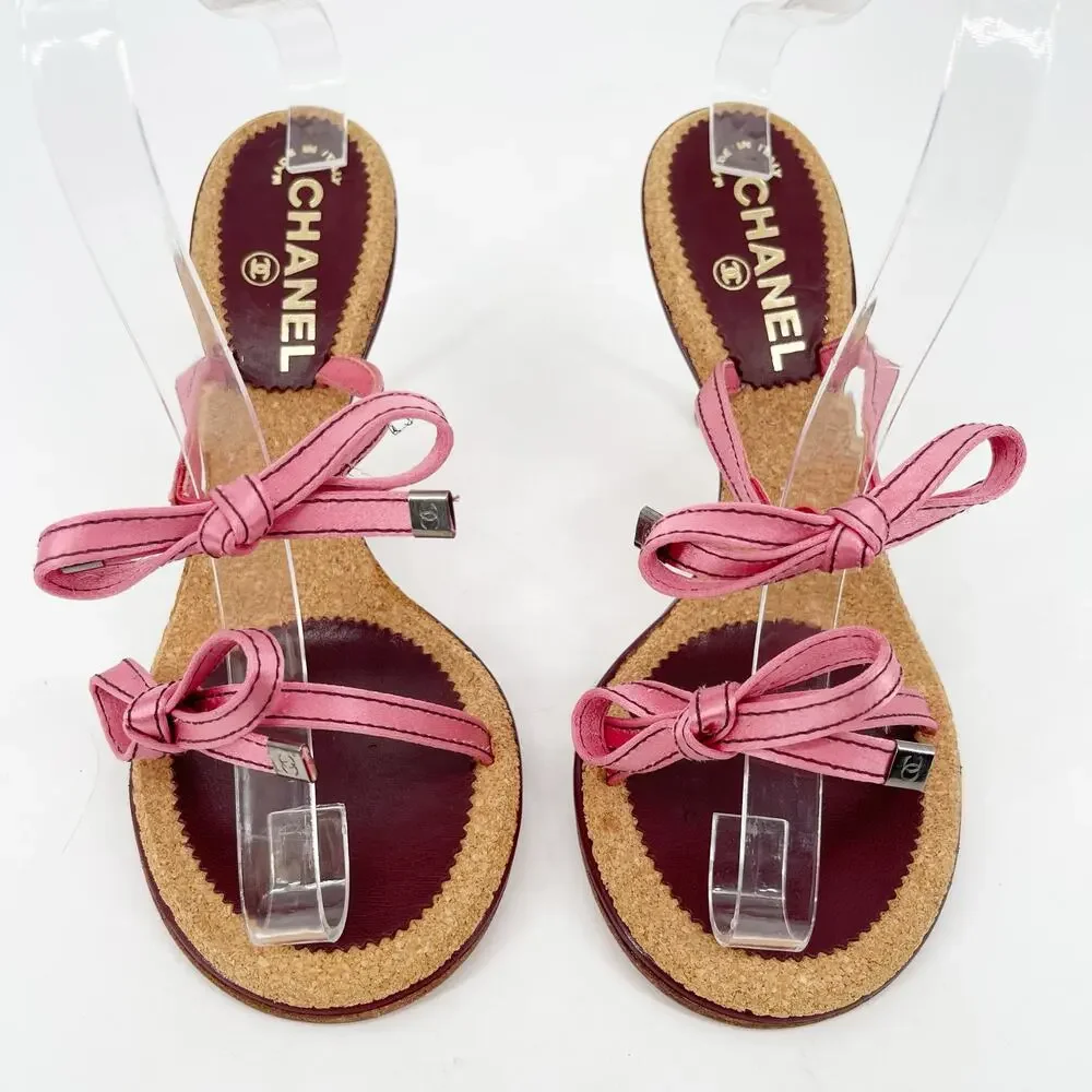 Chanel Vintage Pink Double Strap Satin Bow Cork Sole Slide Sandal Heels EU 38